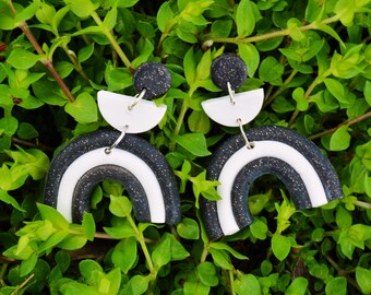 CLAY EARRINGS | Black White Dangles | hypoallergenic | lightweight | Gifts for Her | Arch Earrings | Statement Earrings | Summer Earrings