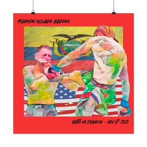 Puede incluir: Póster que representa una escena de lucha de artes marciales mixtas. La imagen muestra a dos luchadores en acción, con el texto "MADISON SQUARE GARDEN" en la parte superior y "CHITO VS FRANKIE - NOV 6TH 2021" en la parte inferior. El fondo incluye las banderas de Ecuador y Estados Unidos.