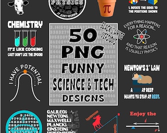50 PNG Science & Technology Funny Cool Designs, PNG Bundle, Funny Physics