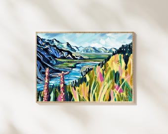 Impresión artística en azul Wanui / Paisaje montañoso de Nueva Zelanda