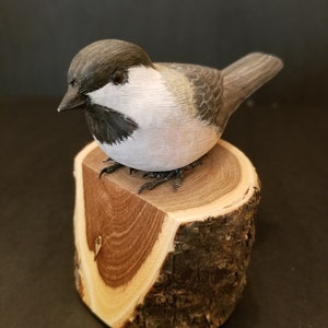 Puede incluir: Una escultura de pájaro de madera tallada a mano que representa una carbonera posada sobre una base de tronco de madera. El pájaro está pintado en tonos de negro, blanco y gris, con detalles realistas.
