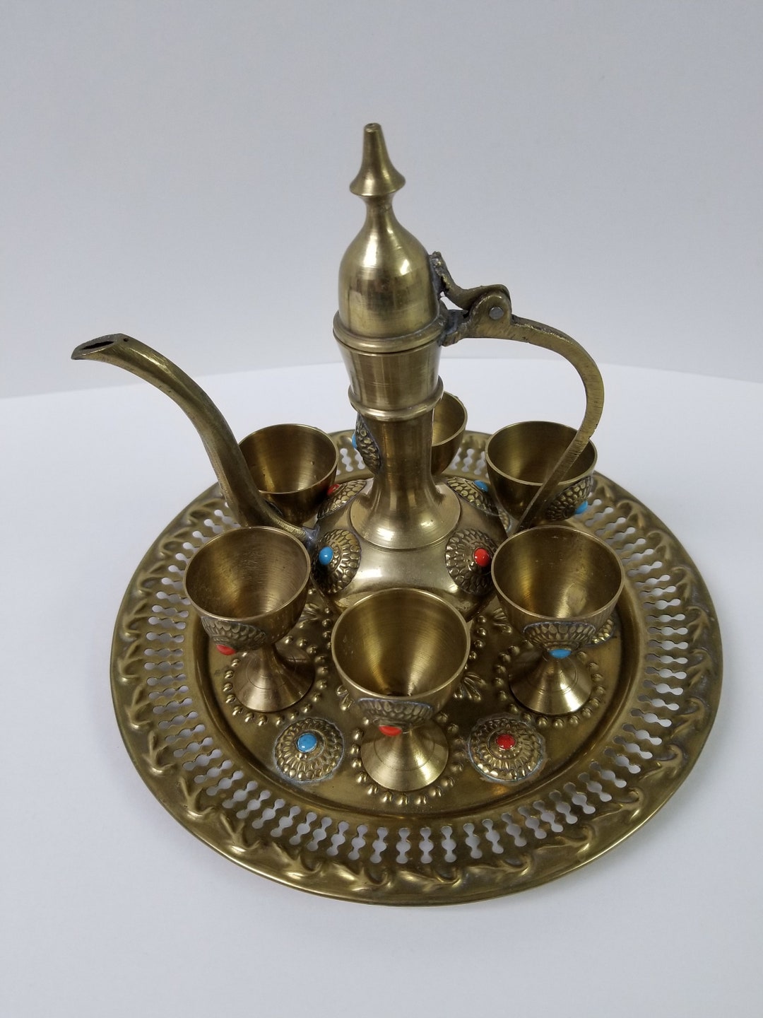 Vintage Arabic Brass Jeweled Dallah Aftaba Decanter Set Etsy