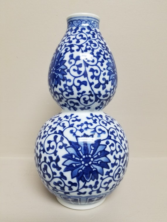 花柄陶器花瓶 二重ひょうたん型