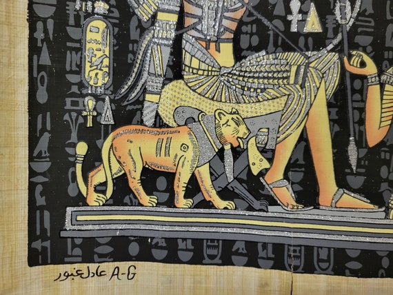 古代エジプトのパピルス ツタンカーメン王が弓で狩りをする