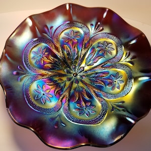 Dugan Flowers and Frames Purple Electric Blue Low Ruffled 9&quot; Bowl