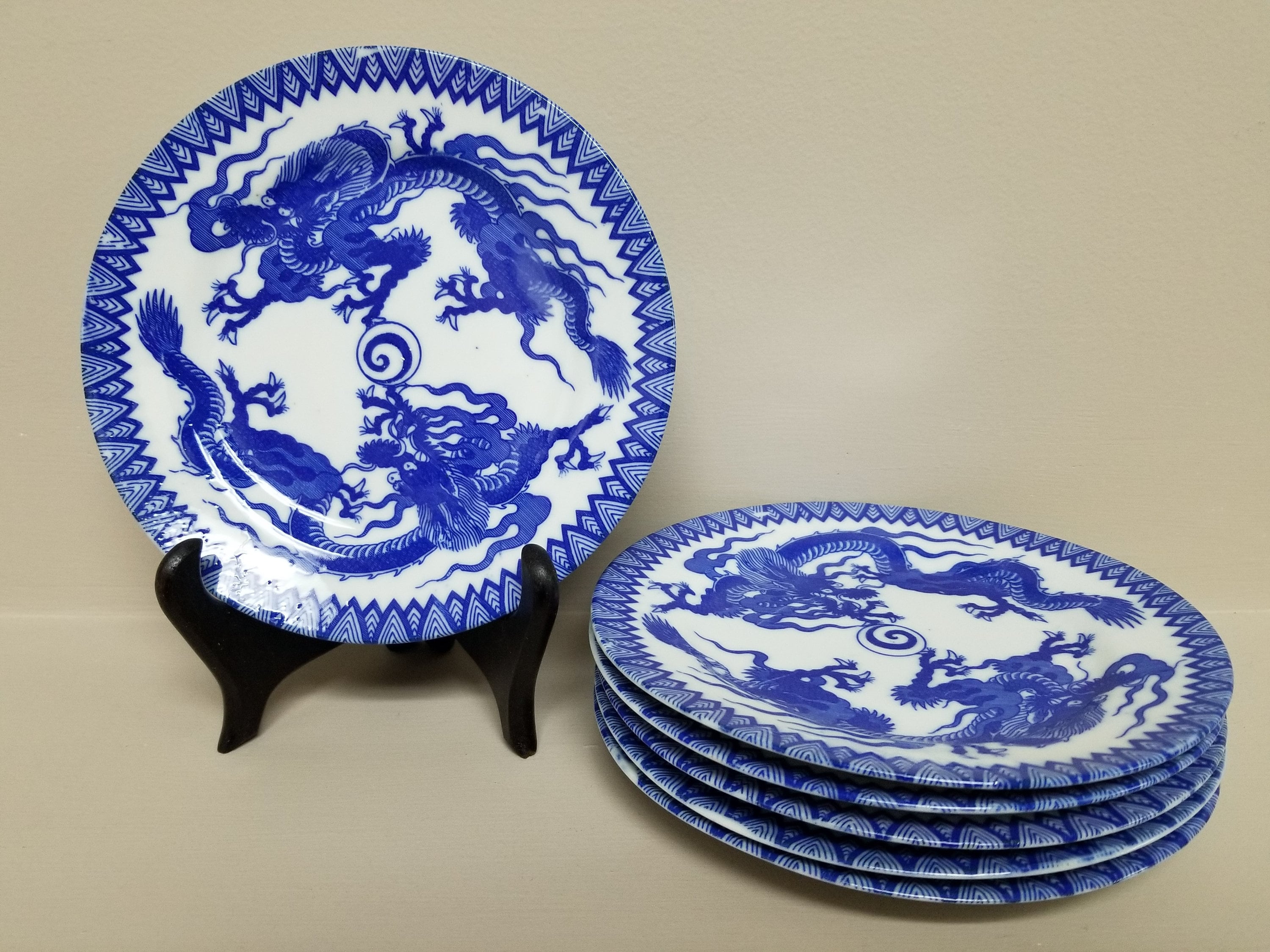 Vintage Japanese Blue and White Porcelain Dragon Plates - Set of 6