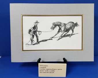 Will James Print "Untitled" Cowboy approaching a Green Bronc with a Saddle