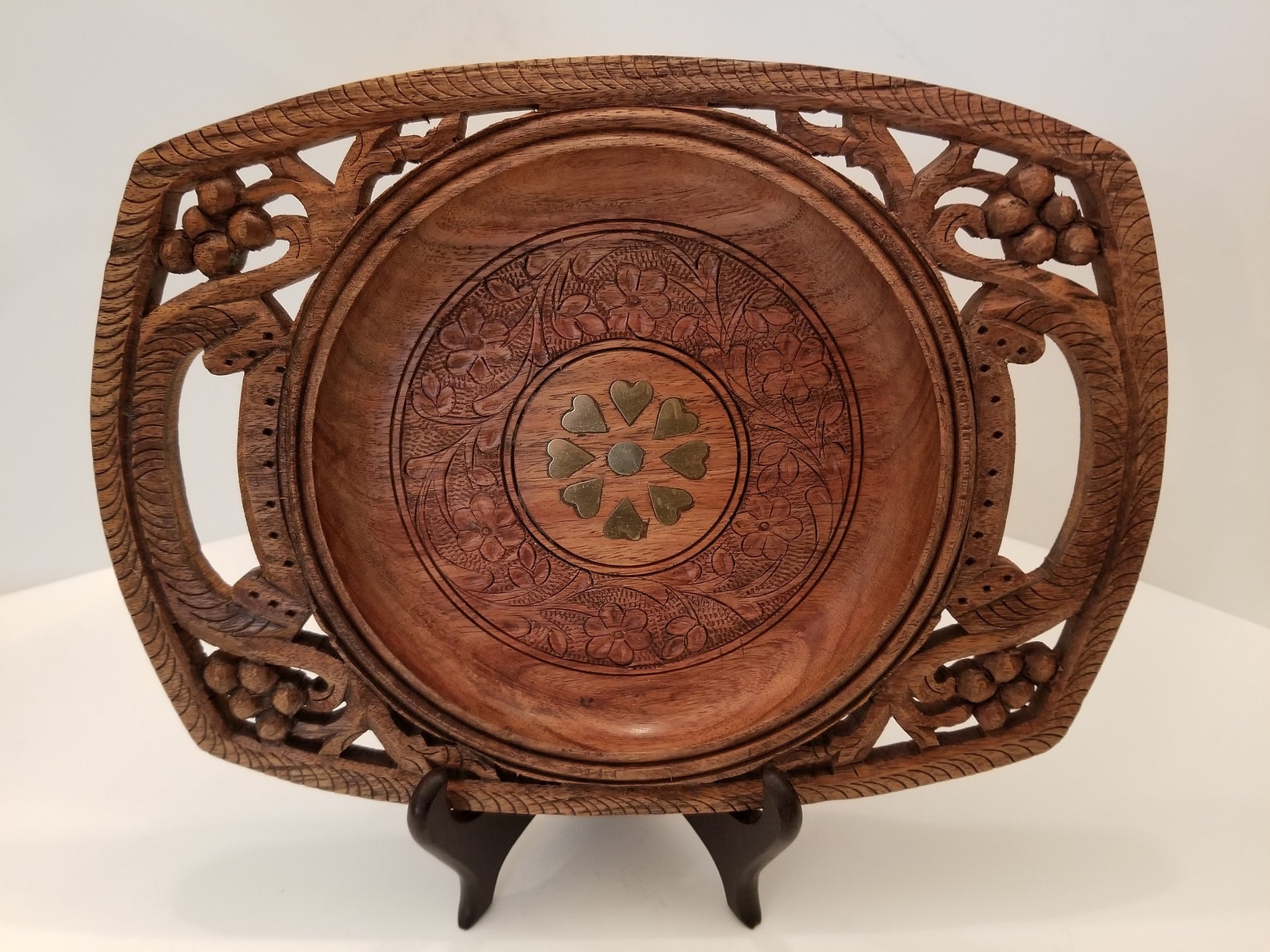 India Vintage Sheesham Wood Handcarved Tray With Bass Inlay Etsy UK