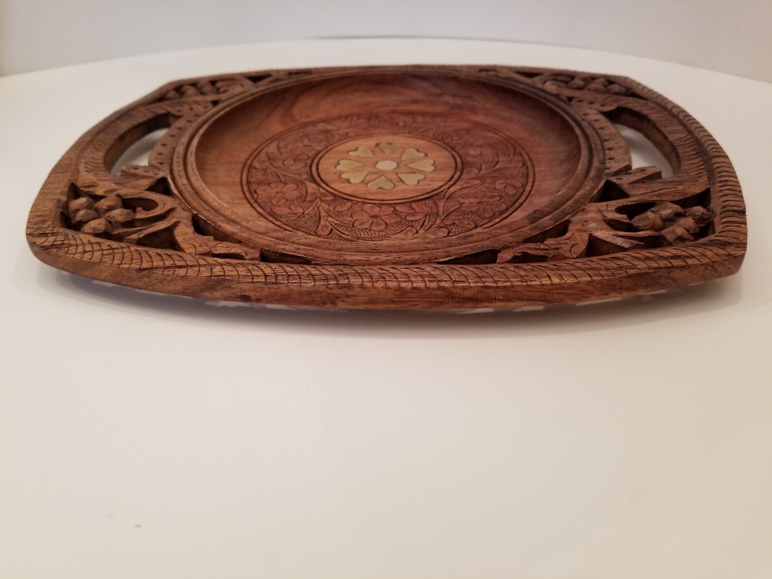 India Vintage Sheesham Wood Handcarved Tray With Bass Inlay Etsy UK