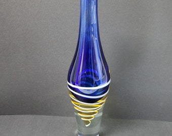 Enorme jarrón de cristal Murano Sommerso vintage de 35,5 cm (14 pulgadas) - Atribuido a Flavio Poli para Seguso, pesado (2,5 kg), remolino de cobalto y amarillo, estilo moderno de mediados de siglo.
