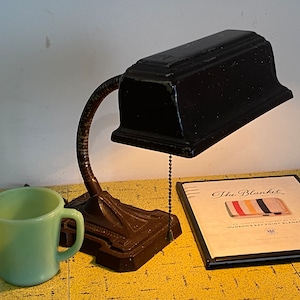Banker's Goose Neck Table Lamp SCARCE Vtg 1920s/30s - Metal Shade - Ornate Cast Base - Brown - Pull Chain Switch - VG+++ Located In Canada