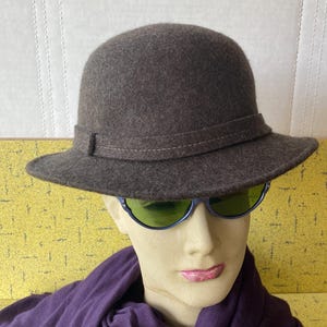 May include: A dark brown felt hat with a rounded crown and a narrow brim, featuring a matching brown hatband with visible stitching. The hat is displayed on a mannequin head wearing blue-framed sunglasses with green lenses and a purple scarf.
