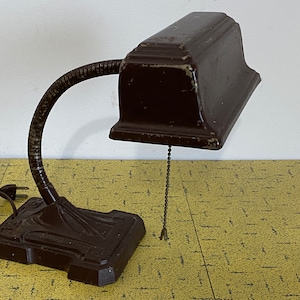 Goose Neck - Ornate Cast Iron Base - &quot;Banker&#39;s&quot; Metal Shade SCARCE Table Lamp - Vtg. 1920s-30s - Brown - Pull Chain Switch - VG+++ Beauty