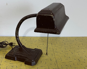 Goose Neck - Ornate Cast Iron Base - &quot;Banker&#39;s&quot; Metal Shade SCARCE Table Lamp - Vtg. 1920s-30s - Brown - Pull Chain Switch - VG+++ Beauty