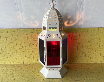 MOROCCAN Style Classic Vintage Hexagon Hanging / Swag Electric Lamp - Blue & Red Coloured Glass Panels - Ornate Pattern Metal Body - VG+++