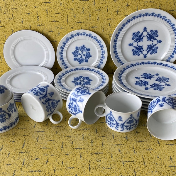 Melitta Friesland Germany Jeverland Frisian Blue MCM Porcelain Plates, Cups, Sugar Bowl - Vtg. '70s - Similar Patterns - Exc. Cond. Beauties