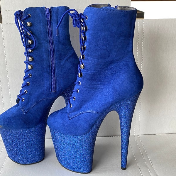 PLEASER Flamingo High Heel Blue Platform Boots - Faux Suede - Glitter 4" Platforms & 8" Heels - Size EU37 /US6 1/2 - Laces + Zippers - Sweet