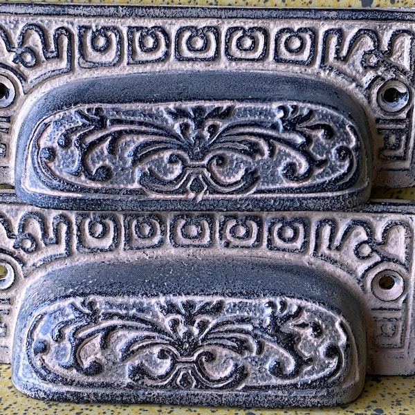 Set of 2 Vtg. Cast Metal Cup Style Victorian Pattern Drawer Pulls / Cupboard Door Handles - 3 7/8" Long - Screws 3 1/4" OC -- VG++ Beauties!