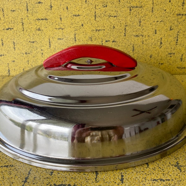 Warmhouden Dome Plate Cover Vintage jaren 1940 Deco Chrome Ring Ware W / Rood Houten Handvat Past 10" Of Kleiner - Restaurant/Hotel Stijl - VG++ Schaars