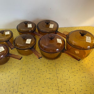 Vision Ware - Corning Ware - Amber + Cranberry Glass - 1L, 1.5L, 2.5L Saucepans - 3.5L Dutch Oven - W/ Lids - USA & France - VG+++ Beauties!