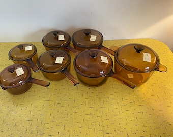 Vision Ware - Corning Ware - Amber + Cranberry Glass - 1L, 1.5L, 2.5L Saucepans - 3.5L Dutch Oven - W/ Lids - USA & France - VG+++ Beauties!