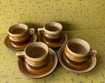 Beauce Pottery Beauceware Canada 1970s 4 Cups & Saucers - Drip Glaze Cream Caramel Brown - Empire Series Georges Gauthier Design 1946 / EM-5