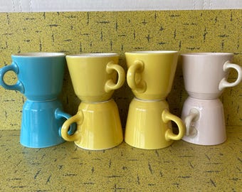 HYCROFT Medicine Hat Potteries Mug / Cup - M3 Mould Mark - Blue Yellow Pale Pink - Diner Style - Ring Handle - Vtg. 1960s - In Canada  VG+++