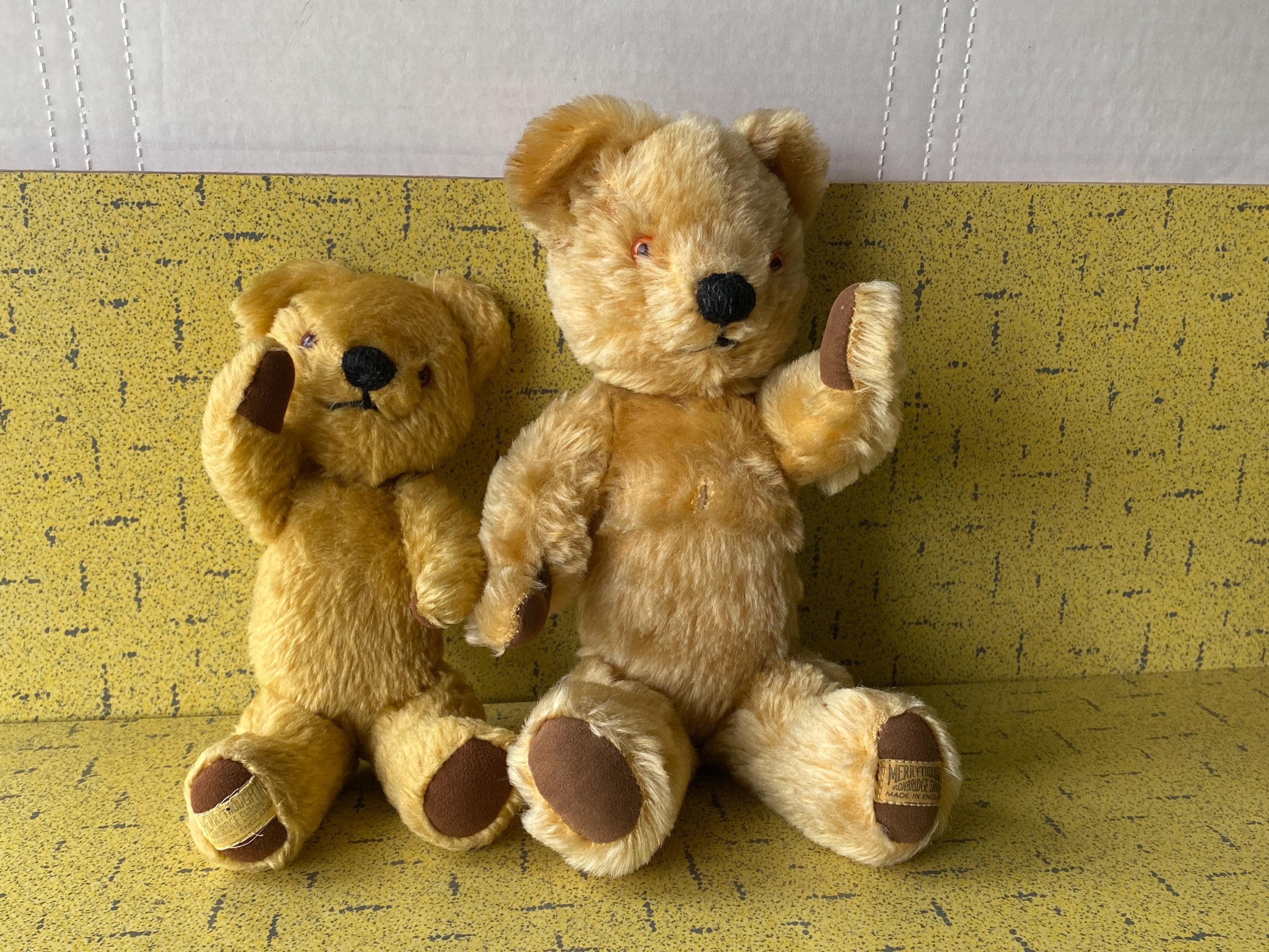 Ours En Peluche Harrods Merrythought Vintage - Fourrure Beige Noeud Rouge - 26 Cm - Comme Neuf