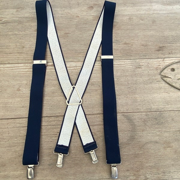 Vintage Suspenders / Braces - Elasticized Clip Ons - Adjustable Length - Dark Blue - Silver Tone Metal Clips - 1 1/8" Wide - Made in England