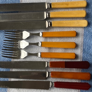 Bakelite / Faux Bone Handle Cutlery Table Knives & Forks Stainless Chrome Sheffield Set of 3 Deco Butterscotch Red 2 Tone Vintage 1950s VG++