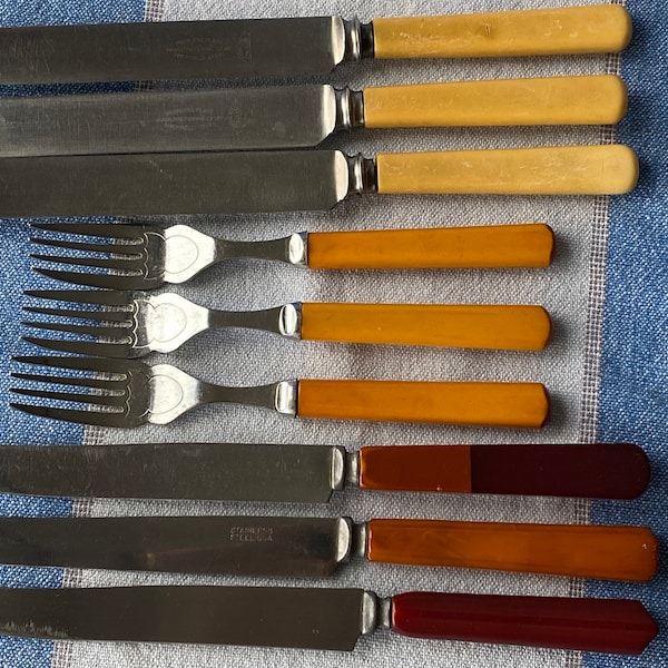 Bakelite / Faux Bone Handle Cutlery Table Knives & Forks Stainless Chrome Sheffield Set of 3 Deco Butterscotch Red 2 Tone Vintage 1950s VG++