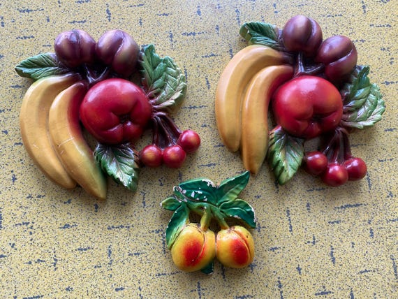 Chalk Ware Fruit 1950s Vintage 3 Piece Lot - Wall Hanging Decor - Cherry, Apple, Banana, Plum, Leaves - Classics - VG Available In Canada