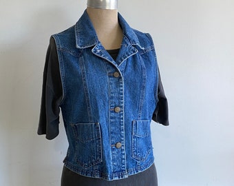 French Dressing Jeanswear Paris bleu denim taille 6 femmes gilet vintage fin des années 1980 - boutons imitation os - col évasé - fabriqué au Canada -- VG++