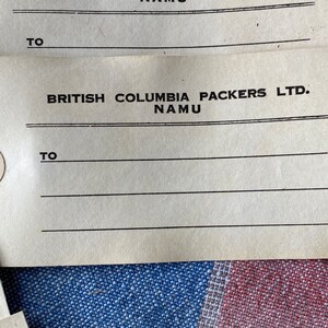 NAMU B.C. From:  British Columbia Packers Ltd. - Vtg. 1970s Shipping Tags - Set of 4 Unused - String Tags - Reinforced Holes - Old School