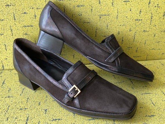 Ingledew's Amalfi By Rangoni Womens Brown Leather & Suede Dress Loafers - Italy Made - Size US 8S - 1" Heel - Chisel Toe - In Canada - VG+++