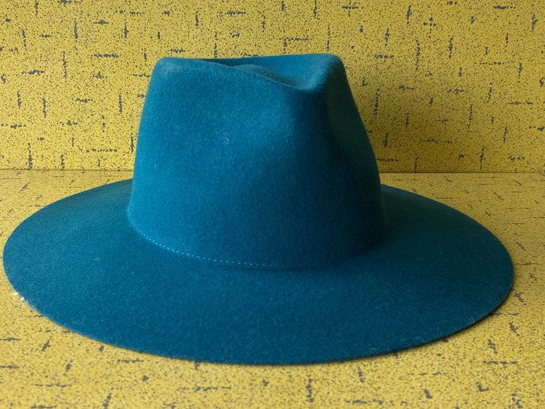 May include: A teal blue fedora hat with a wide brim.