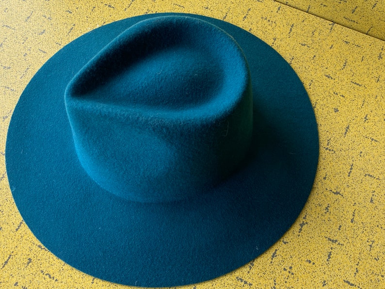 May include: A teal blue fedora hat with a wide brim.