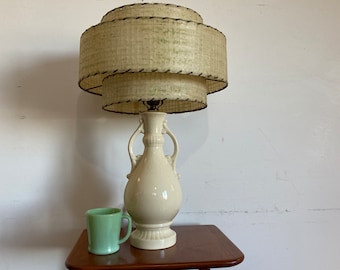 Elegant Electric Table Lamp #182 - Amphora 2 Handle Classic Style - Off White Glazed Ceramic - Vtg. 1960s - Harp Shade Holder - VG++ Beauty!