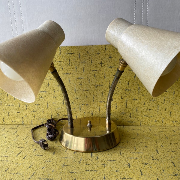 MCM Double Fibreglass Shade Gooseneck Desk Lamp - Brass W/ Beige Shades - 4 Position Twist Switch - Vintage 1950s/60s - Working VG++ Beauty