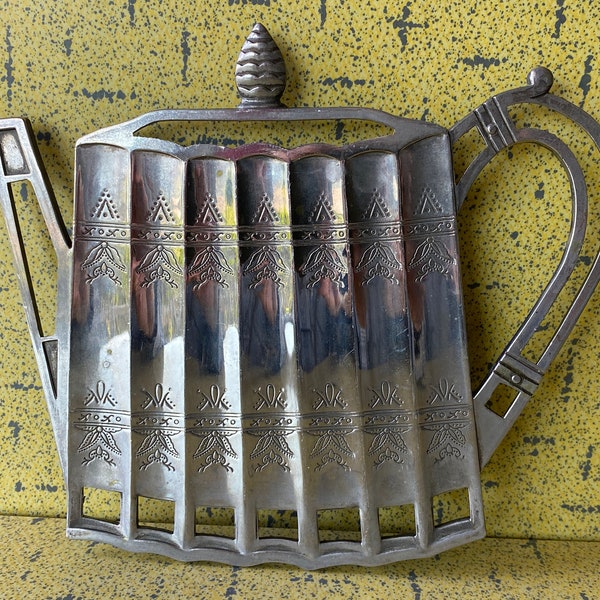 Vintage Godinger Silver Trivet - 1992 Tea Pot Design Silver Plate - 7 1/4"x8 1/4" - 4 Feet - Very Good Condition - Great Unpolished Patina!!