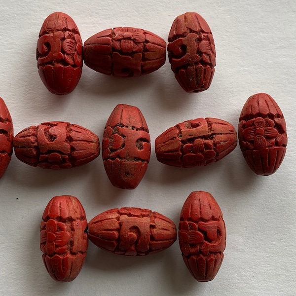 Vintage Beads - Lot of 11 Floral, Red Coral Colour, Football Shape, Cinnabar Style, Molded Resin - Probable Chinese - 20x10mm - VG+ Beauties