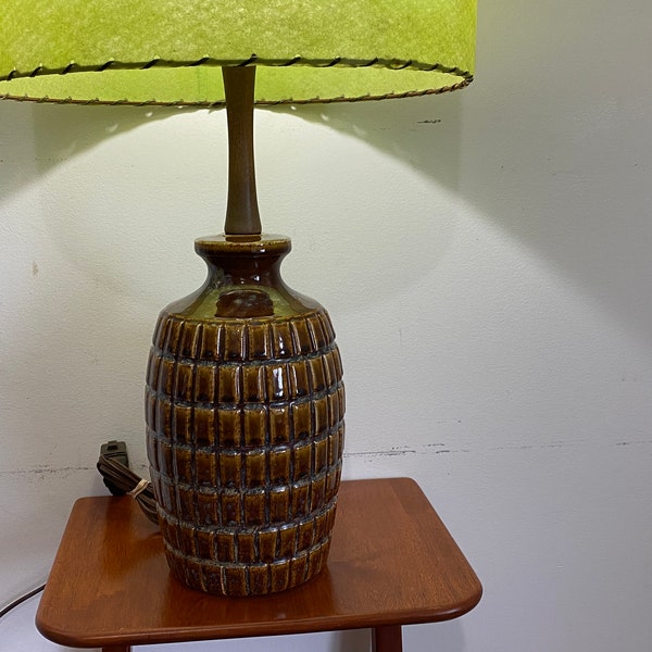 Vtg. 1960s MCM Electric Table Lamp - Large Scandinavian Style Chunky Geometric Drip Glazed Ceramic - Hardwood Column - VG+++ Classic Beauty!