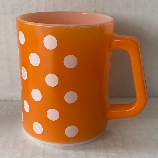 FEDERAL Glass White Polka Dots on Orange - "D" Handle Coffee Mug - Vtg. 1960s MCM Milk Glass - "Heat Proof" - Standard 8 Oz. - VG+++ Beauty!