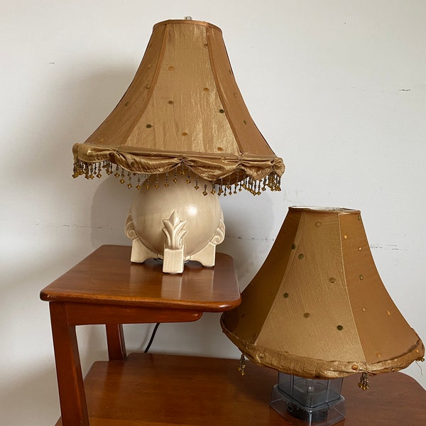 Victorian Scalloped Bell Lamp SHADE - Modern Subtle Polka Dot Pattern - Glass Beads Lower Trim - Shimmery Bronze Silk - Fits on Harp - VG+++