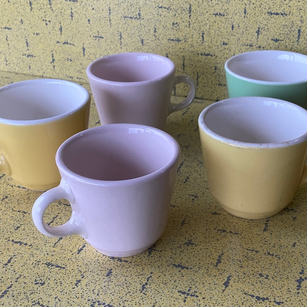 HYCROFT Medicine Hat Potteries MUG / CUP - M3 Mould Mark - 5 Available Yellow Green Pink - Diner Style - Ring Handle - Vtg. 60s - Beauties