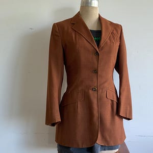 EQUESTRIAN Correct Riding Apparel レディース ヴィンテージ USA ブレザー ジャケット - サイズ S/バスト 34インチ - ラストブラウン リネン - アセテート裏地 - カナダ製 - VG++