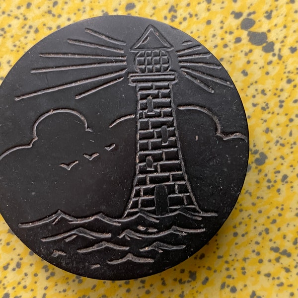 Vintage LIGHTHOUSE BUTTON - Round Black Plastic - Shank Style - 1 5/8"x1/8" - Lighthouse Rays Clouds Birds Waves - Exc. Cond. Rare Beauty