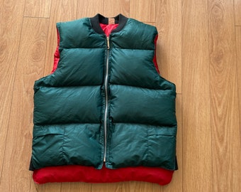 Puffer Quilted Down Filled Reversible Work / Hunting Vest - Red Green - Size L 42-44 - YKK Stainless Zipper - Shawl Collar - Canada - VG++++