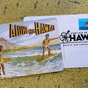 Cartolina riprodotta Hawaii 1910 Famous Surf Riders con 50° anniversario dello Stato delle Hawaii del 1959. Francobollo commemorativo 2009 Surf/Outrigger FDC