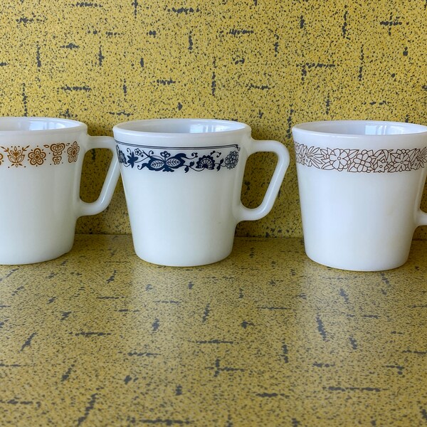 PYREX MUG - No.1410 - White W/ Patterns - Butterfly Gold, Old Town Blue, Brown Floral - 1 of Each Sold Separately - Vintage 1972-83 - VG+++